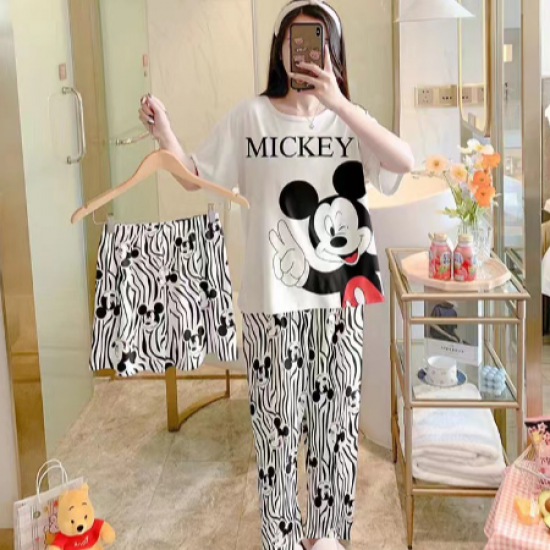 3 Pcs Cute Mickey Nightwear Pajama Shorts Sets For Women Sleepwear