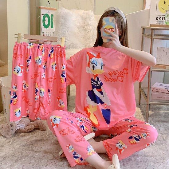 3 Pcs Nightwear Pajama Shorts Sets For Women Sleepwear Dark Pink