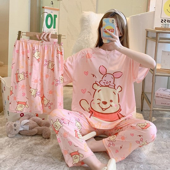 3 Pcs Nightwear Pajama Shorts Sets For Women Sleepwear Pink