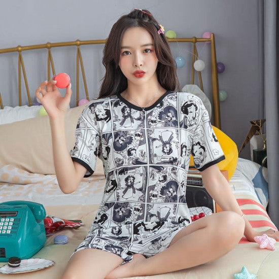 Printed Pajamas Set For Women Sleepwear Homewear Nightwear Black White