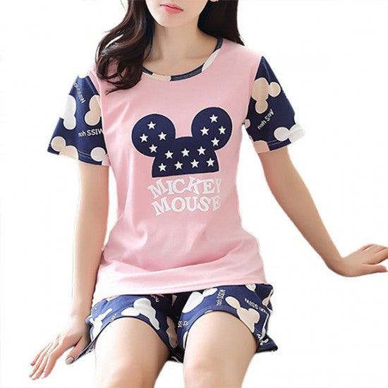 Mickey Mouse Printed Pajamas Set For Women Sleepwear Homewear Nightwear Pink