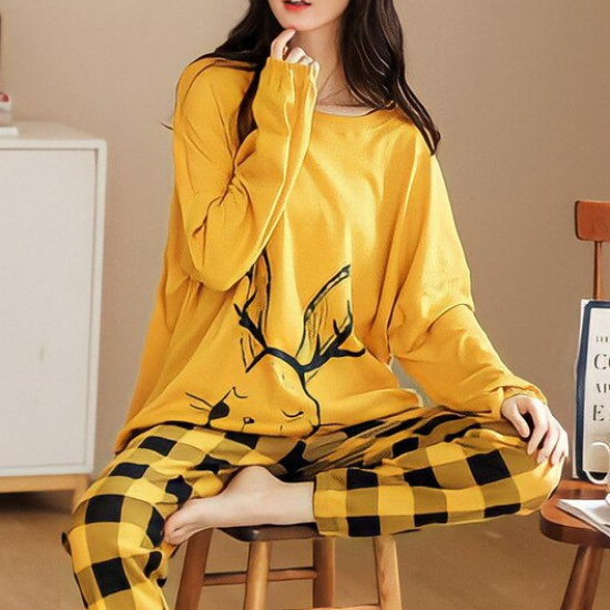 Printed Pajamas Set for Women Sleepwear Homewear Nightwear Yellow