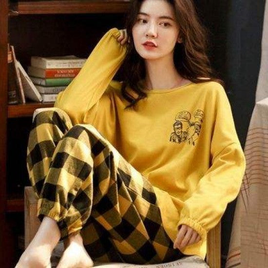 Printed Pajamas Set for Women Sleepwear Homewear Nightwear Yellow
