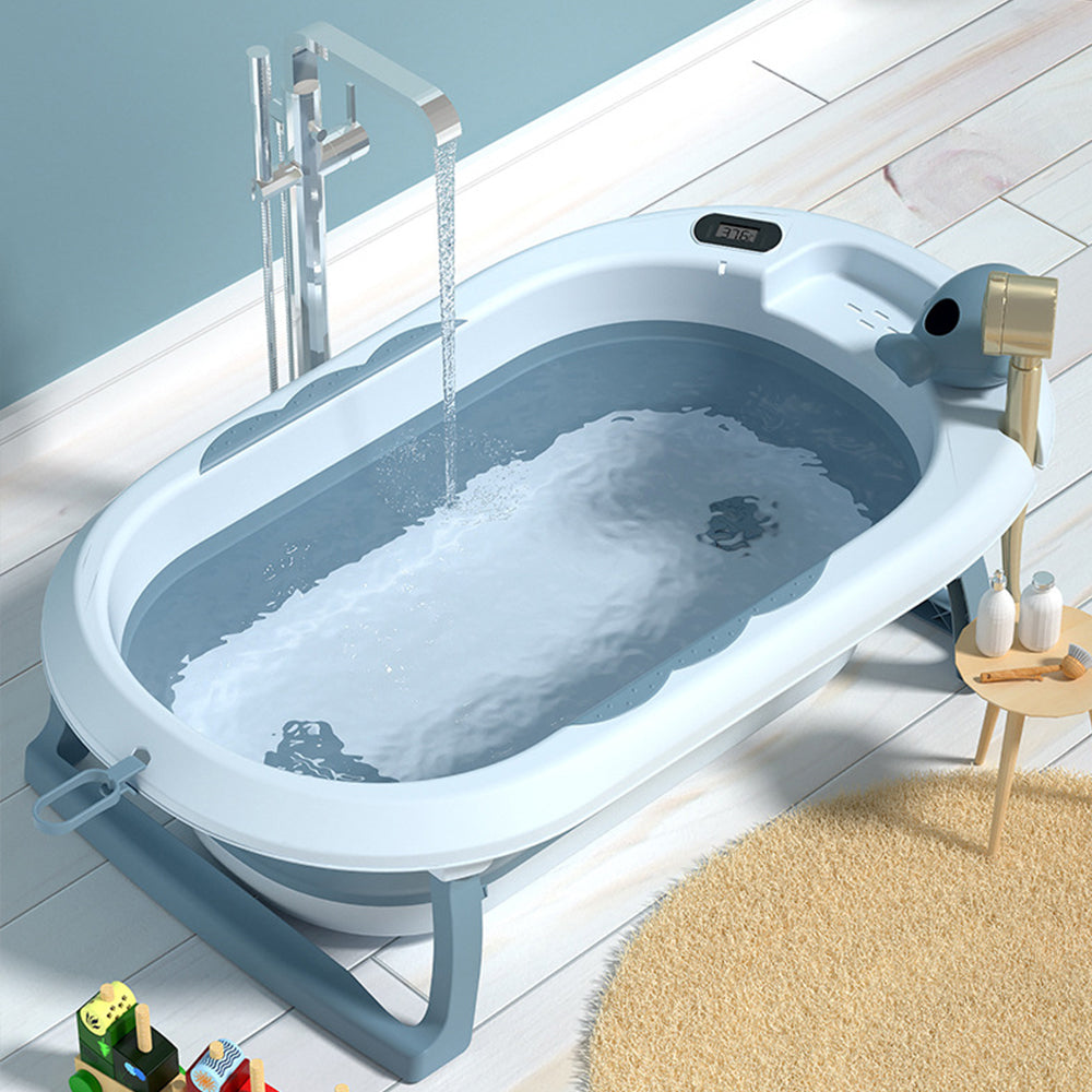 Portable Baby Bathtub - Large Foldable Newborn Infants Anti Slip Skid Proof Collapsible Baby Bath Tubs With Water Temperature Meter and Net and Shower for Kids New Born (L 82 - W 48 - H 32 CM) - Blue - Shop N Save