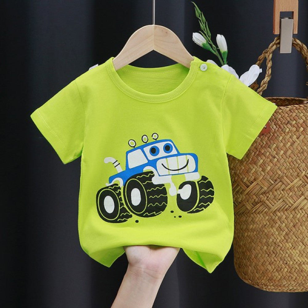 3-6 Months Infant Baby Boy T-Shirt - Newborn Baby Girls Cartoon Print Short Sleeves Round Neck T-Shirt For Kids - Green - Shop N Save
