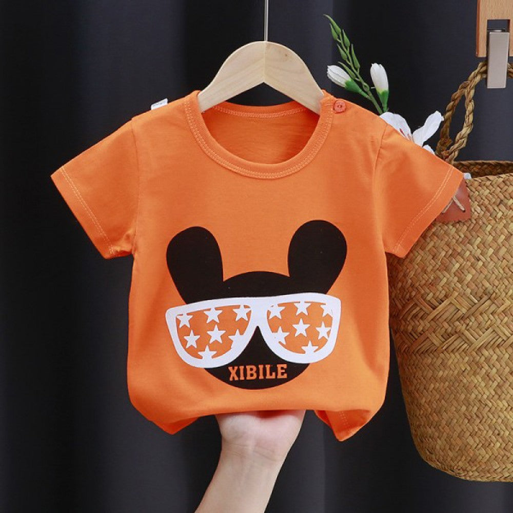 3-6 Months Infant Baby Boy T-Shirt - Newborn Baby Girls Cartoon Print Short Sleeves Round Neck T-Shirt For Kids - Orange - Shop N Save