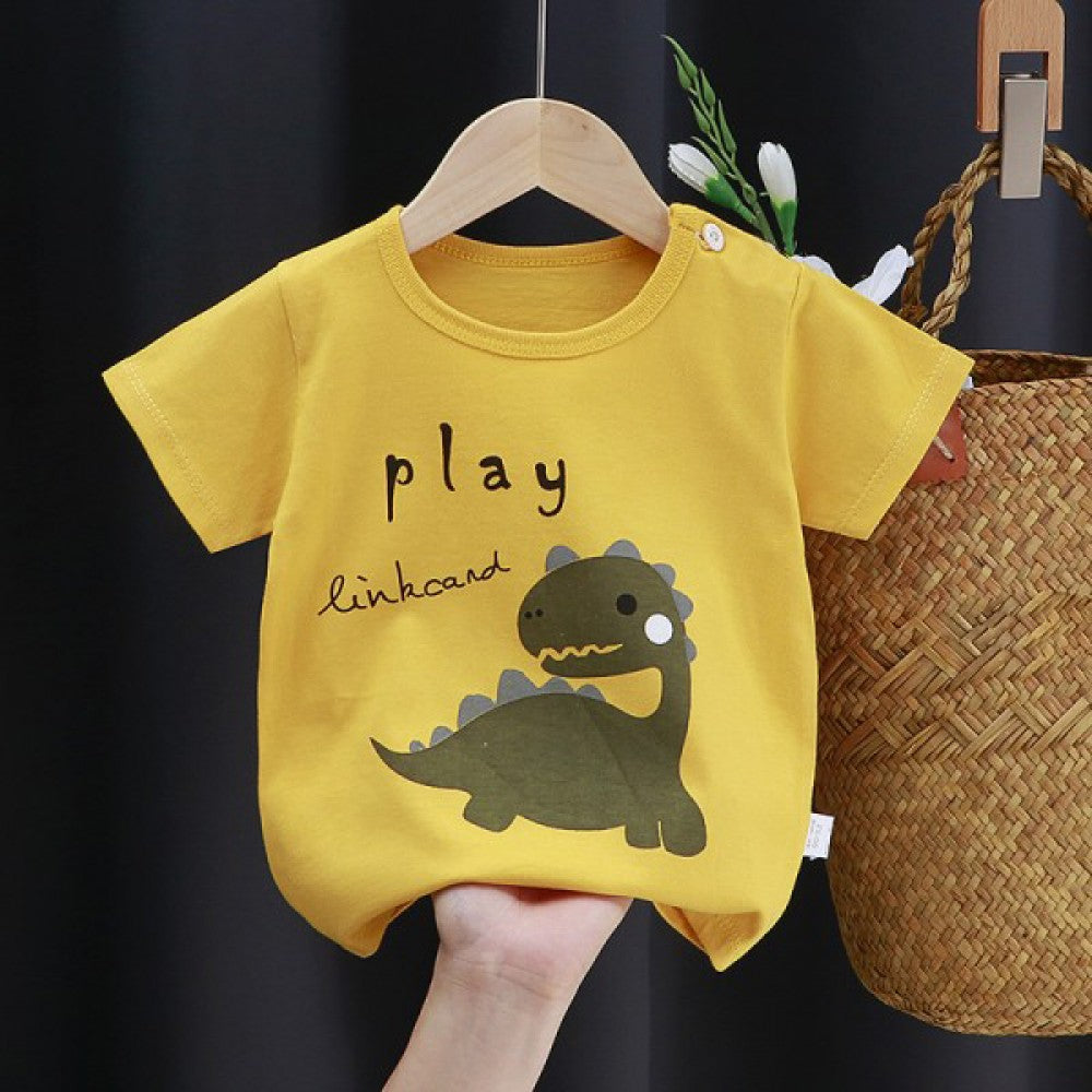 3-6 Months Infant Baby Boy T-Shirt - Newborn Baby Girls Cartoon Print Short Sleeves Round Neck T-Shirt For Kids - Yellow - Shop N Save