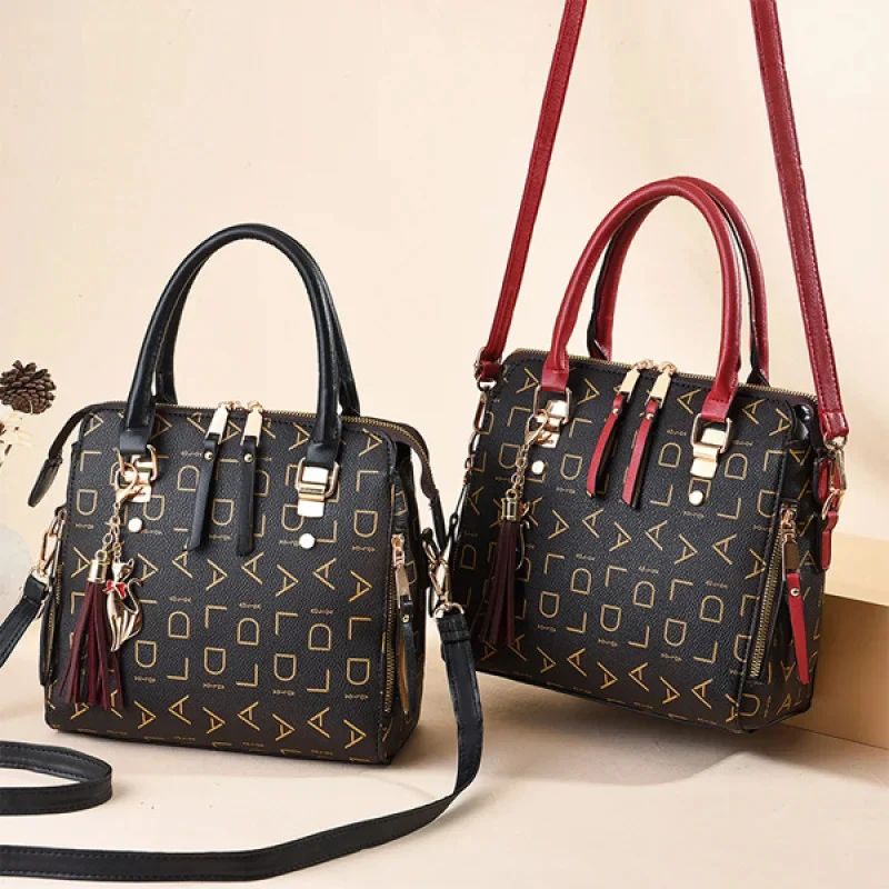 Wine Red Letter Print Handbag: Stylish, Zip Closure, Office-Fashion Fusion