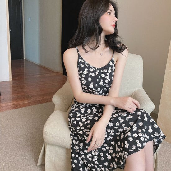 Women Floral Dress - Sling Short Backless Dress Fashion Casual Dress For Party Events Outdoor Beach - Black