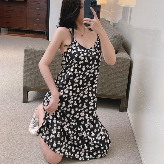 Women Floral Dress - Sling Short Backless Dress Fashion Casual Dress For Party Events Outdoor Beach - Black