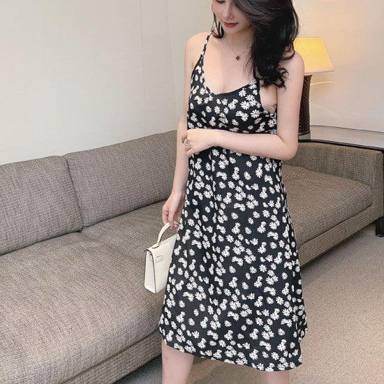 Women Floral Dress - Sling Short Backless Dress Fashion Casual Dress For Party Events Outdoor Beach - Black
