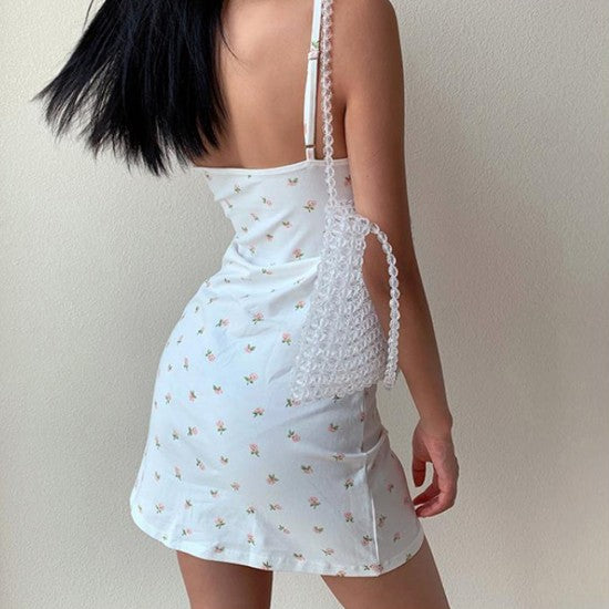 Floral Slim Dress - Printed V-Neck Cross Slim Sleeveless Cute Backless Patry Black Mini Women Dresses - Black