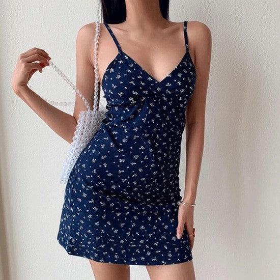 Floral Slim Dress - Printed V-Neck Cross Slim Sleeveless Cute Backless Patry Black Mini Women Dresses - Dark Blue