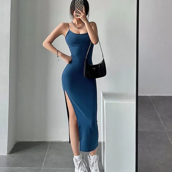 Women Sleeveless Dress - Pure Color Streetwear Style Side Slit Design Ladies Trendy Dress - Blue