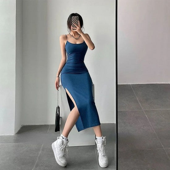 Women Sleeveless Dress - Pure Color Streetwear Style Side Slit Design Ladies Trendy Dress - Blue