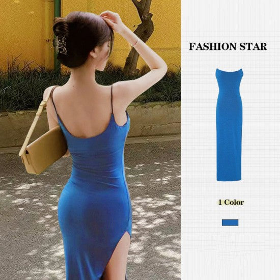 Women Sleeveless Dress - Pure Color Streetwear Style Side Slit Design Ladies Trendy Dress - Blue