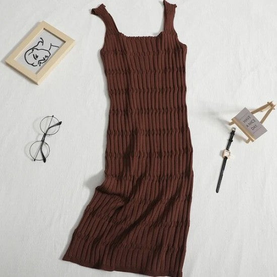 Women Sleeveless Cocktail Dress - New Style Women Dress Sleeveless Cocktail Dress For Beach Evening Party Square Neck Solid Color Mini Dress - Brown