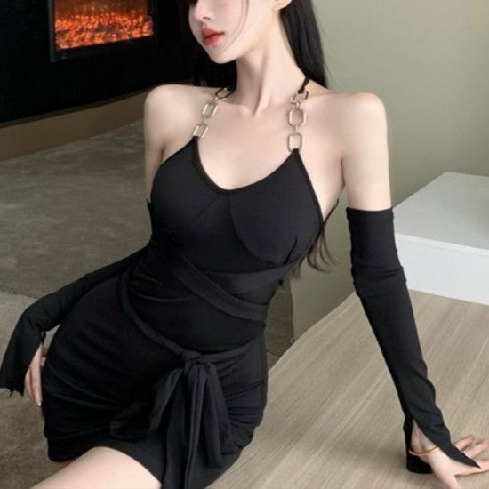 Women Mini Dresses - Slim Design Hot Girls Pure Soft Cotton Club Leisure Vestidos Personality Hollow Outfit Dress - Blue