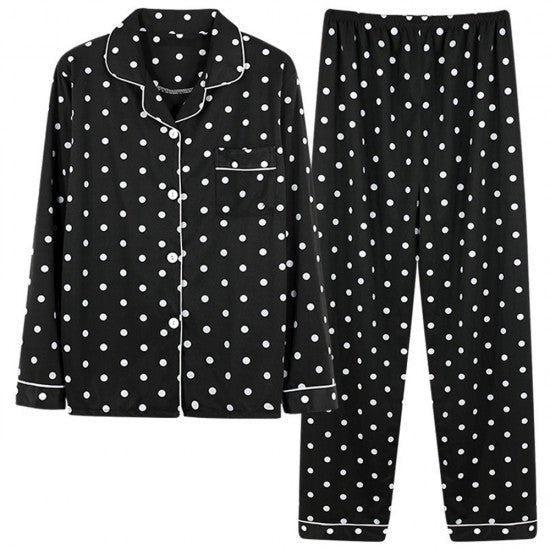 2Pcs Polka Printed Pajama Set - Solid Color Round Collar Neck Long Sleeves With Trouser Sleepwear For Women Nightwear - Black