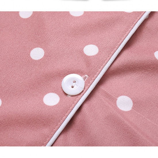 2Pcs Polka Printed Pajama Set - Solid Color Round Collar Neck Long Sleeves With Trouser Sleepwear For Women Nightwear - Black