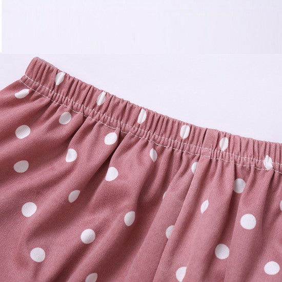 2Pcs Polka Printed Pajama Set - Solid Color Round Collar Neck Long Sleeves With Trouser Sleepwear For Women Nightwear - Black