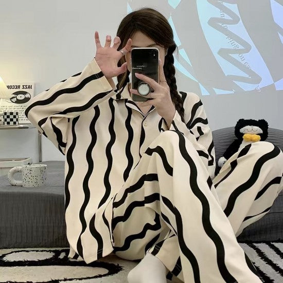 2Pcs Traditional Pajama Set - Solid Color Round Collar Neck Full Sleeves With Trouser Sleepwear For Women Nightwear - White Black