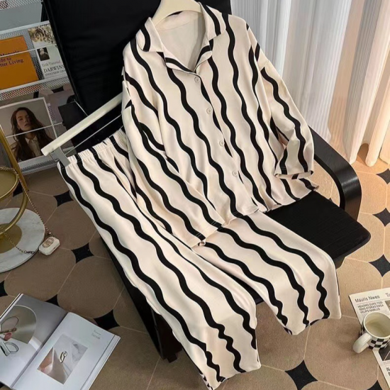 2Pcs Traditional Pajama Set - Solid Color Round Collar Neck Full Sleeves With Trouser Sleepwear For Women Nightwear - White Black