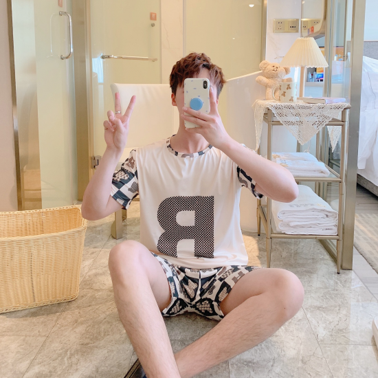 3Pcs R Printed Couple Pajama Set - Cartoon Print Solid Color Round Neck Half Sleeves Shirt Trouser Sleepwear for Men And Women Nightwear - White Black