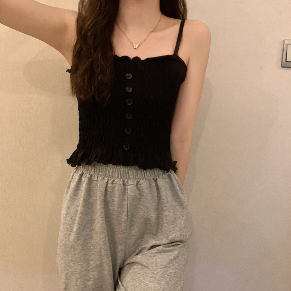 Women Slim Solid Wrinkle Crop Tops Shirt - Black - Shop N Save