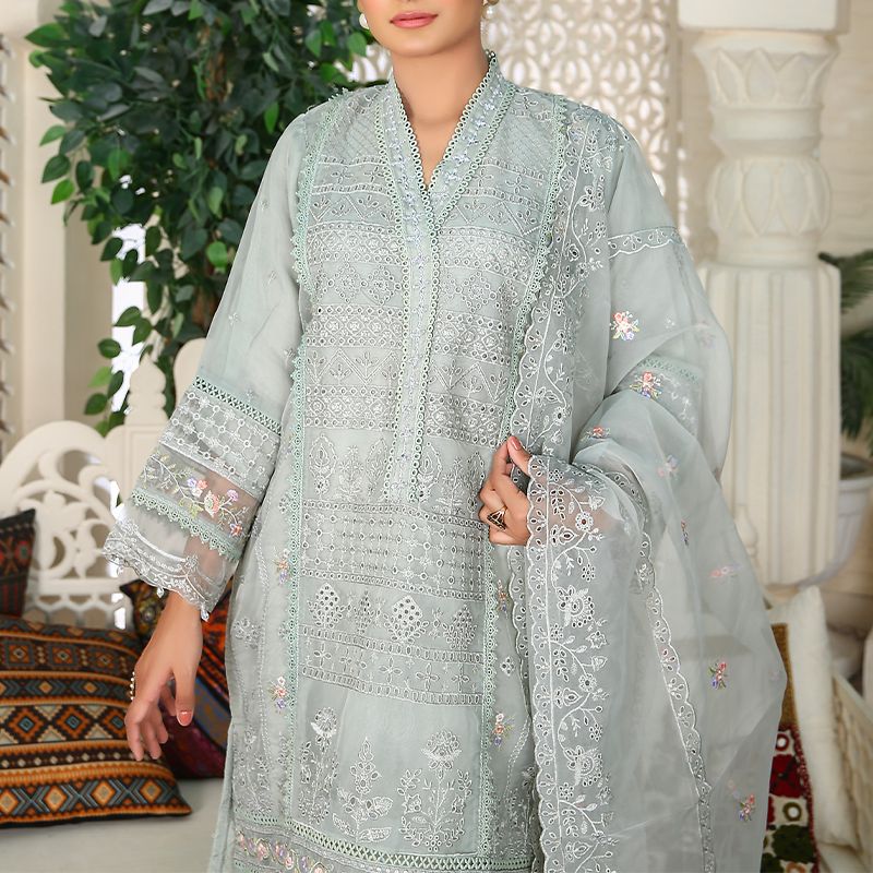 3 Piece Fancy Embroidery Dress - Stylish Light Weight Chiffon Organza Fabric Suit Indian Pakistani Fancy Embroidered Dress For Events Party Outdoor Dress - Green - Shop N Save