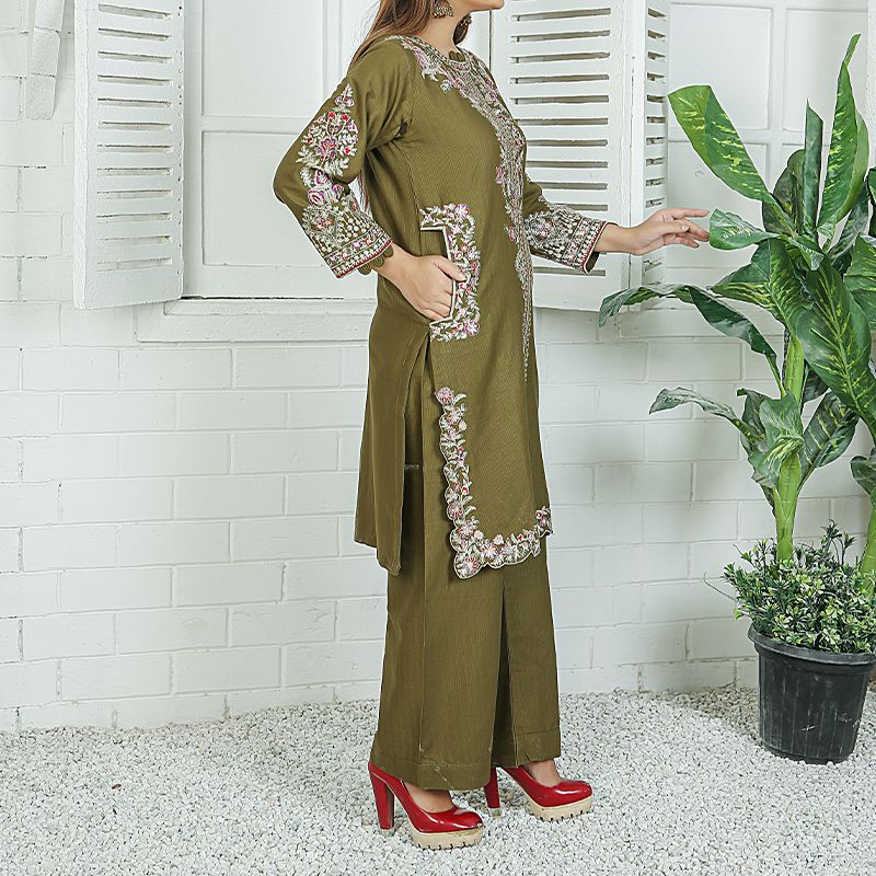 2 Piece Kurti Salwar Embroidery Set - Pure Cotton Collection Stylish Solid Color Light Weight Cotton Fabric Suit Top Bottom Salwar Kameez Indian Pakistani Embroidered Suit For Event Party Outdoor Dress - Dark Green - Shop N Save