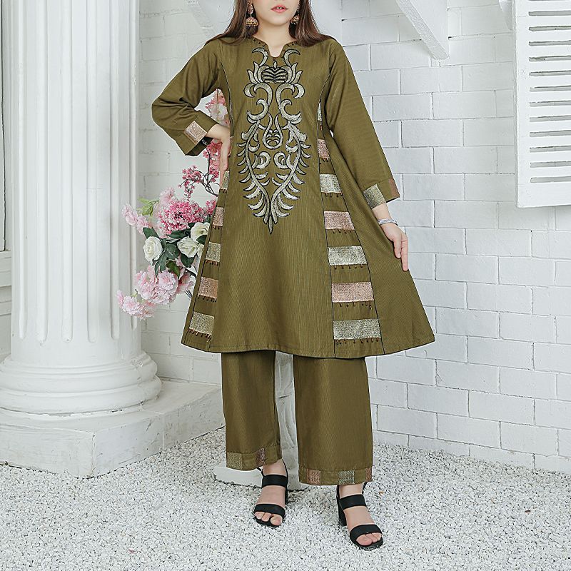 2 Piece Kurti Salwar Embroidery Set - Pure Cotton Collection Stylish Solid Color Light Weight Cotton Fabric Suit Top Bottom Salwar Kameez Indian Pakistani Embroidered Suit For Event Party Outdoor Dress - Dark Green - Shop N Save