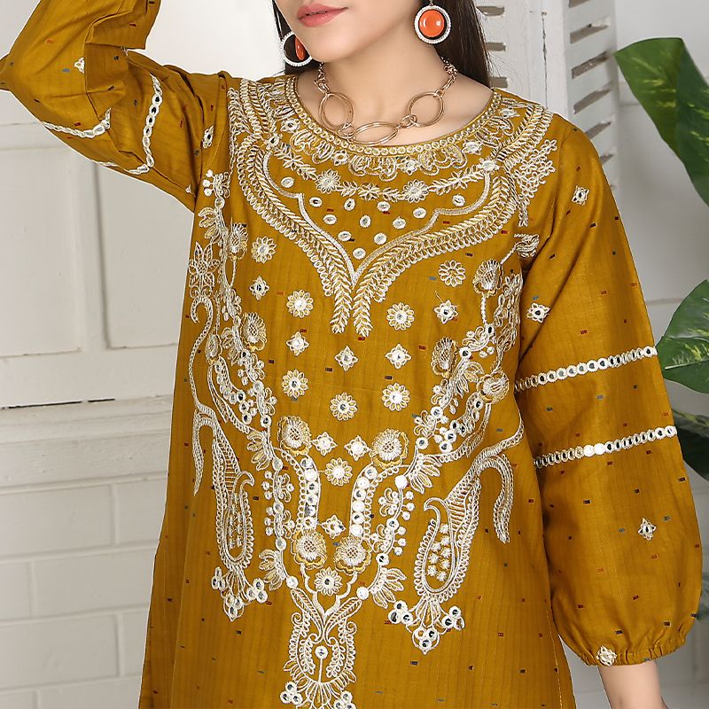 2 Piece Kurti Salwar Embroidery Set - Pure Cotton Collection Stylish Solid Color Light Weight Cotton Fabric Suit Top Bottom Salwar Kameez Indian Pakistani Embroidered Suit For Event Party Outdoor Dress - Golden - Shop N Save
