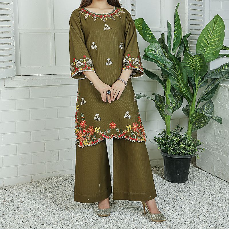 2 Piece Kurti Salwar Embroidery Set - Pure Cotton Collection Stylish Solid Color Light Weight Cotton Fabric Suit Top Bottom Salwar Kameez Indian Pakistani Embroidered Suit For Event Party Outdoor Dress - Dark Green - Shop N Save