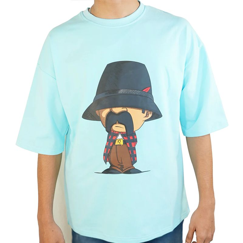 Light Blue Printed drop shoulder Crew-Neck T-Shirt with short.