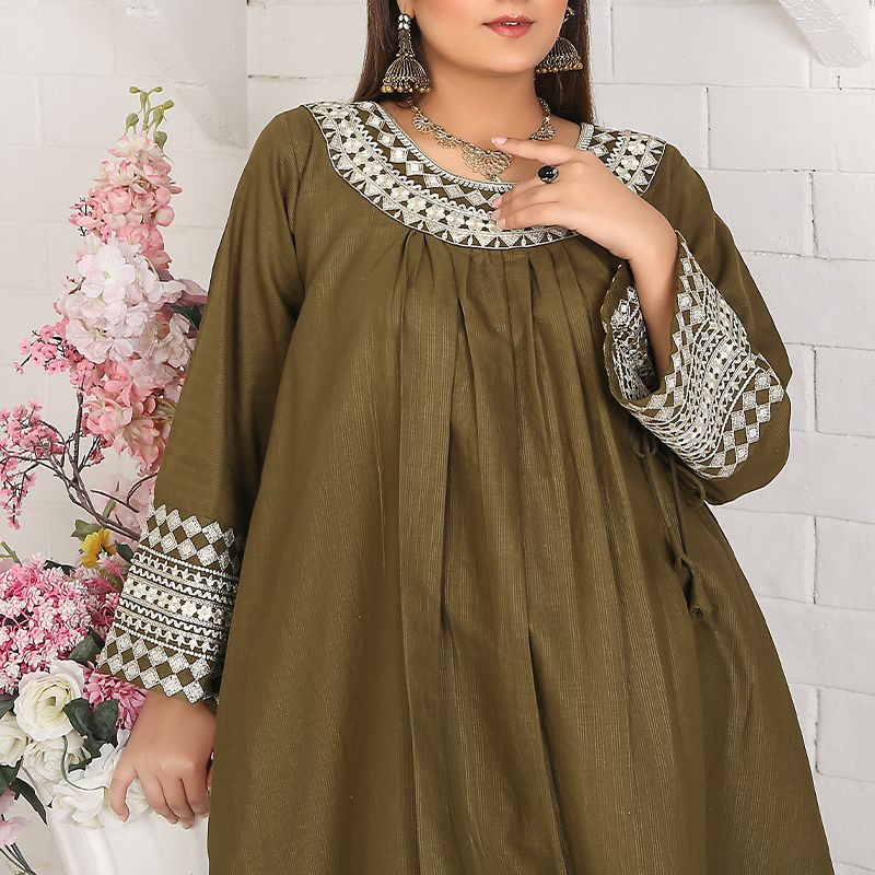 2 Piece Kurti Salwar Embroidery Set - Pure Cotton Collection Stylish Solid Color Light Weight Cotton Fabric Suit Top Bottom Salwar Kameez Indian Pakistani Embroidered Suit For Event Party Outdoor Dress - Dark Green - Shop N Save