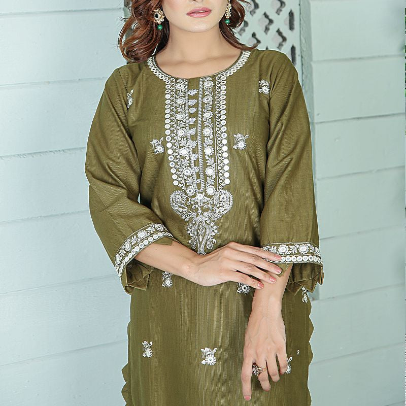 2 Piece Kurti Salwar Embroidery Set - Pure Cotton Collection Stylish Solid Color Light Weight Cotton Fabric Suit Top Bottom Salwar Kameez Indian Pakistani Embroidered Suit For Event Party Outdoor Dress - Dark Green - Shop N Save