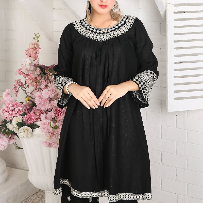 2 Piece Kurti Salwar Embroidery Set - Pure Cotton Collection Stylish Solid Color Light Weight Cotton Fabric Suit Top Bottom Salwar Kameez Indian Pakistani Embroidered Suit For Event Party Outdoor Dress - Black - Shop N Save