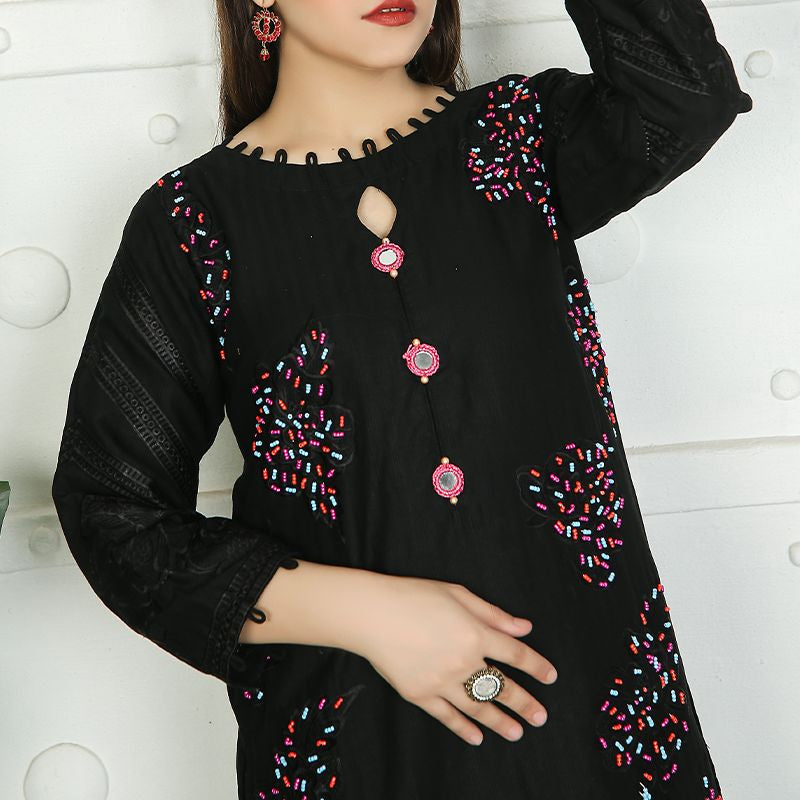 2 Piece Kurti Salwar Embroidery Set - Pure Cotton Collection Stylish Solid Color Light Weight Cotton Fabric Suit Top Bottom Salwar Kameez Indian Pakistani Embroidered Suit For Event Party Outdoor Dress - Black - Shop N Save