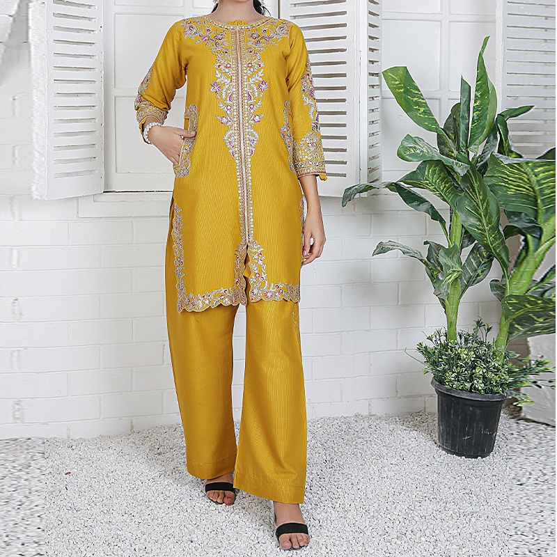 2 Piece Kurti Salwar Embroidery Set - Pure Cotton Collection Stylish Solid Color Light Weight Cotton Fabric Suit Top Bottom Salwar Kameez Indian Pakistani Embroidered Suit For Event Party Outdoor Dress - Golden - Shop N Save