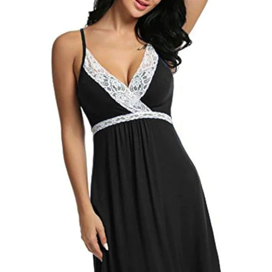 Soft Lace Patchwork Nightwear Sexy V Neck Spaghetti Strap Lingerie for Girls Comfortable and Stylish Free Size - Shop N Save