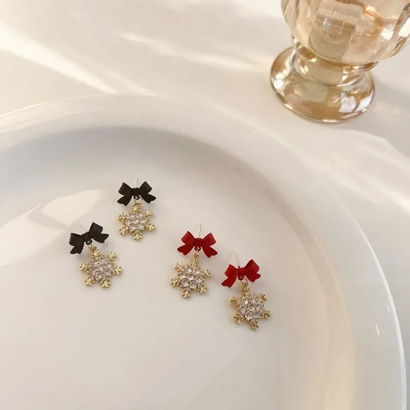 Red Bow Snowflake Earrings: Christmas Santa Girls Xmas Jewelry - Shop N Save