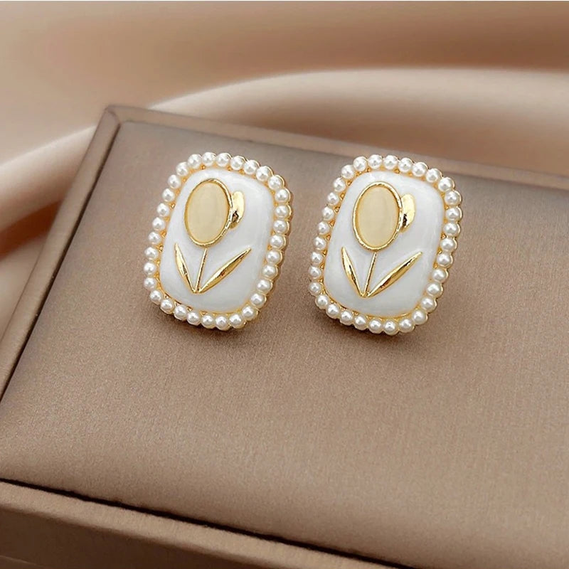 Korean Fashion Earrings: White Glaze Tulip Studs, Geometric Design - Shop N Save