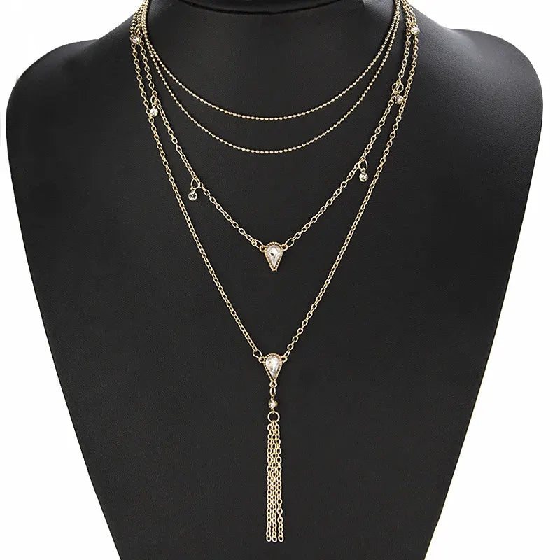 Bohemia Tassel & Geometric Necklace: Multilayer Water Drop Choker for Women - Shop N Save