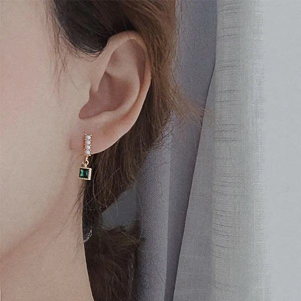 Square Green Zircon Studs: Pearl Earrings for Women's Glam - Shop N Save