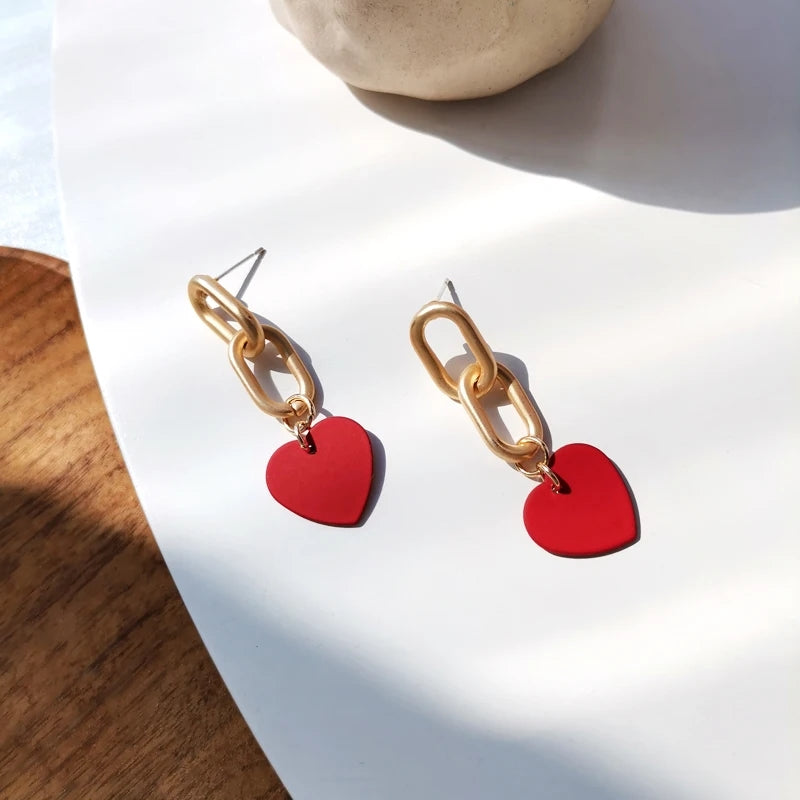 Elegant Red Heart Studs: Retro Chain, Golden Fashion Jewelry