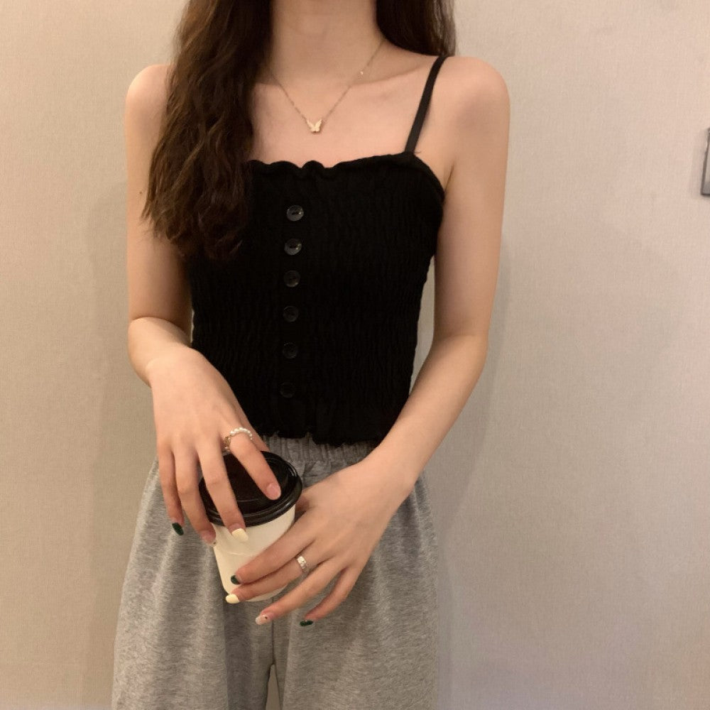 Women Slim Solid Wrinkle Crop Tops Shirt - Black - Shop N Save