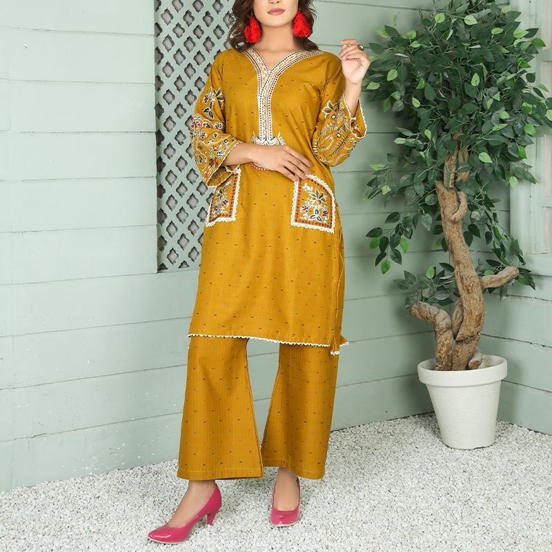 2 Piece Kurti Salwar Embroidery Set - Pure Cotton Collection Stylish Solid Color Light Weight Cotton Fabric Suit Top Bottom Salwar Kameez Indian Pakistani Embroidered Suit For Event Party Outdoor Dress - Golden - Shop N Save