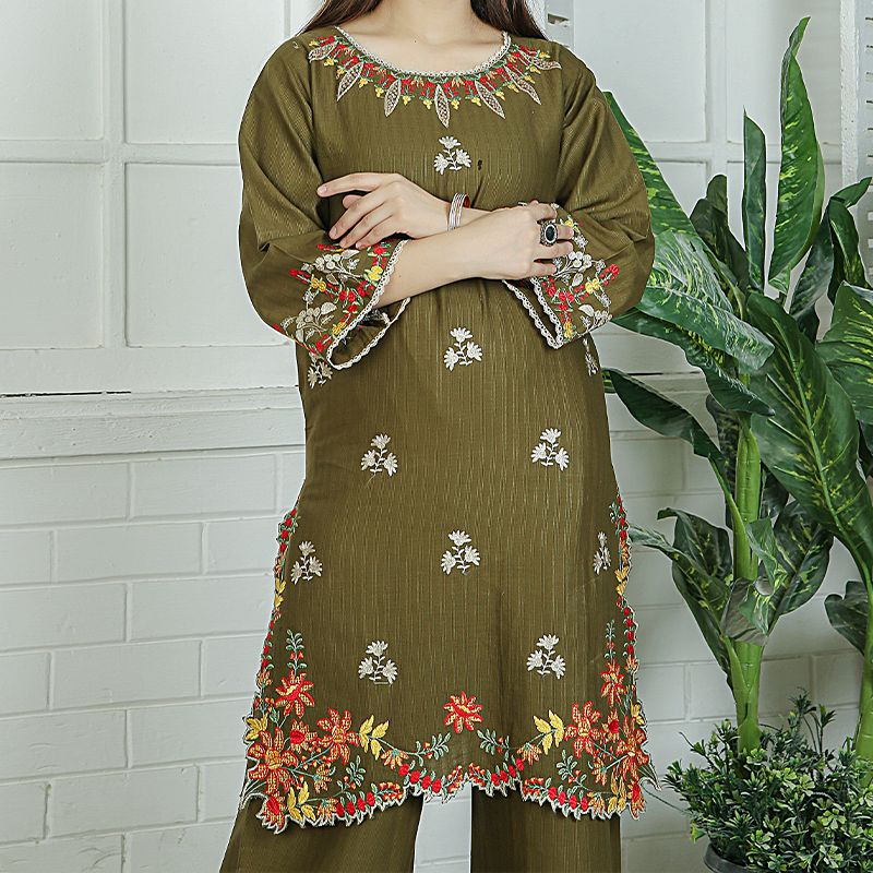 2 Piece Kurti Salwar Embroidery Set - Pure Cotton Collection Stylish Solid Color Light Weight Cotton Fabric Suit Top Bottom Salwar Kameez Indian Pakistani Embroidered Suit For Event Party Outdoor Dress - Dark Green - Shop N Save