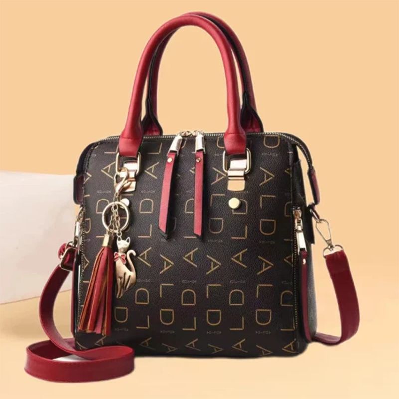 Wine Red Letter Print Handbag: Stylish, Zip Closure, Office-Fashion Fusion